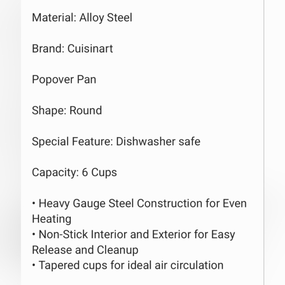 Cuisinart AMB-6POP 6 Cup Popover Pan Allot Steel, Non Stick, Tapered Cups. - Picture 5 of 5